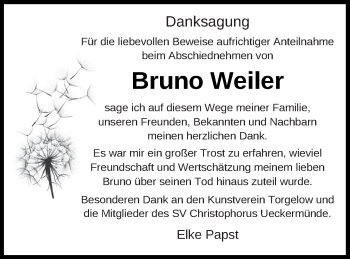 Traueranzeige von Bruno Weiler von Haff-Zeitung