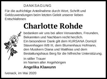 Traueranzeige von Charlotte Rohde von Mecklenburger Schweiz