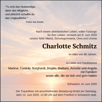 Traueranzeige von Charlotte Schmitz von Mecklenburger Schweiz