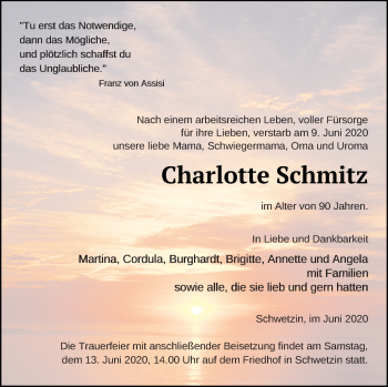 Traueranzeige von Charlotte Schmitz von Mecklenburger Schweiz