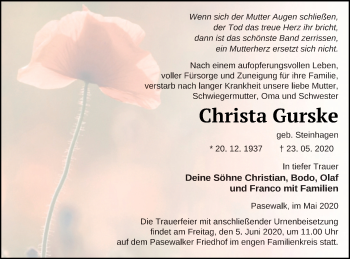 Traueranzeige von Christa Gurske von Pasewalker Zeitung