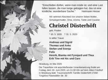 Traueranzeige von Christel Düsterhöft von Pasewalker Zeitung