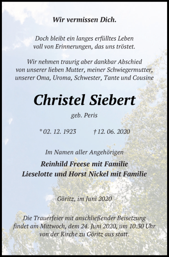 Traueranzeige von Christel Siebert von Prenzlauer Zeitung