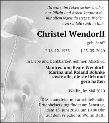 Traueranzeige von Christel Wendorff von Prenzlauer Zeitung