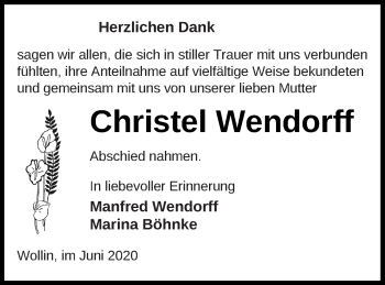 Traueranzeige von Christel Wendorff von Prenzlauer Zeitung