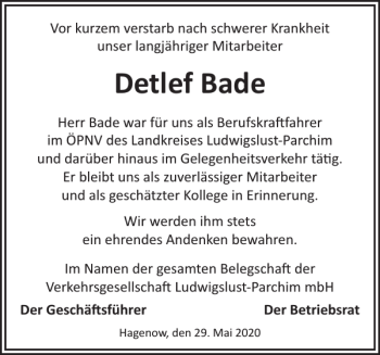 Traueranzeige von Detlef Bade von Ludwigsluster Tageblatt