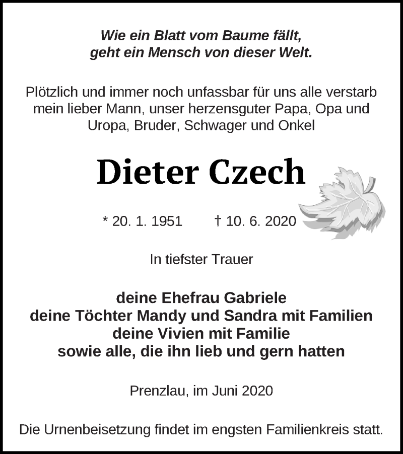  Traueranzeige für Dieter Czech vom 17.06.2020 aus Prenzlauer Zeitung