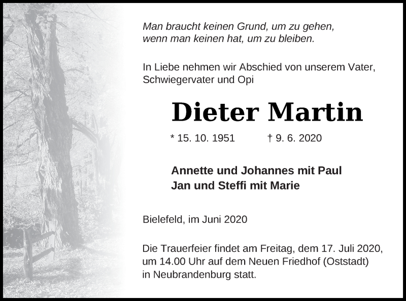  Traueranzeige für Dieter Martin vom 17.06.2020 aus Neubrandenburger Zeitung