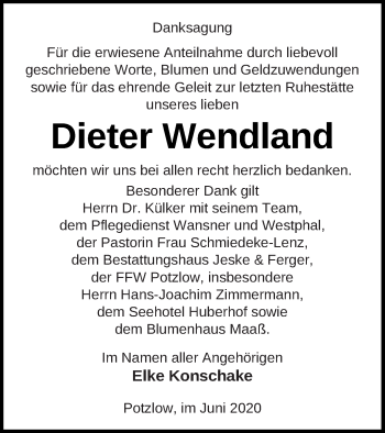 Traueranzeige von Dieter Wendland von Prenzlauer Zeitung