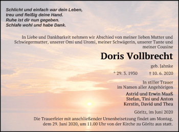 Traueranzeige von Doris Vollbrecht von Pasewalker Zeitung