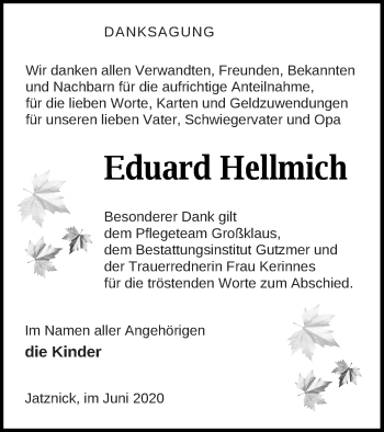 Traueranzeige von Eduard Hellmich von Pasewalker Zeitung