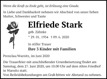 Traueranzeige von Elfriede Stark von Prenzlauer Zeitung