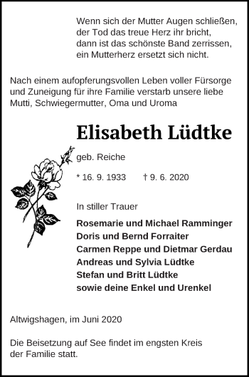 Traueranzeige von Elisabeth Lüdtke von Haff-Zeitung