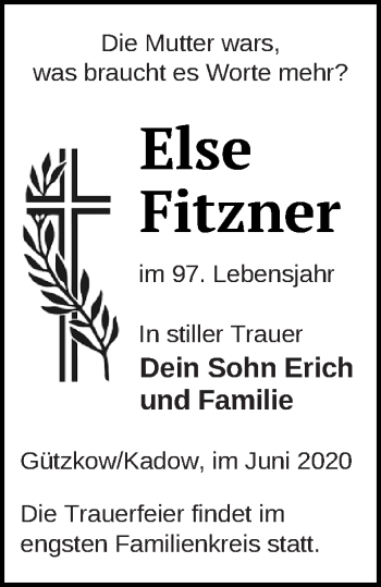 Traueranzeige von Else Fitzner von Vorpommern Kurier