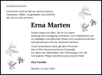 Traueranzeige von Erna Marten von Pasewalker Zeitung