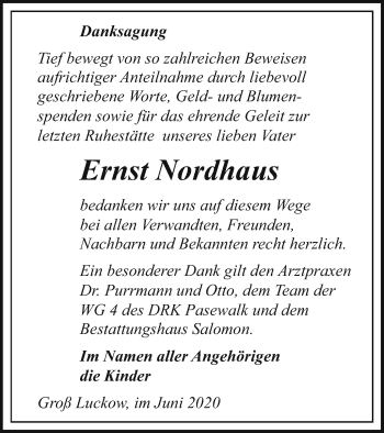 Traueranzeige von Ernst Nordhaus von Pasewalker Zeitung