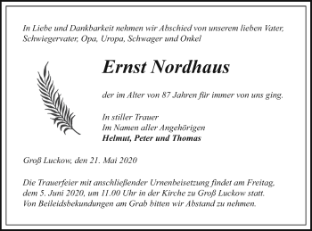 Traueranzeige von Ernst Nordhaus von Pasewalker Zeitung