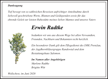 Traueranzeige von Erwin Radtke von Pasewalker Zeitung