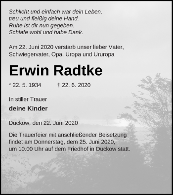 Traueranzeige von Erwin Radtke von Mecklenburger Schweiz