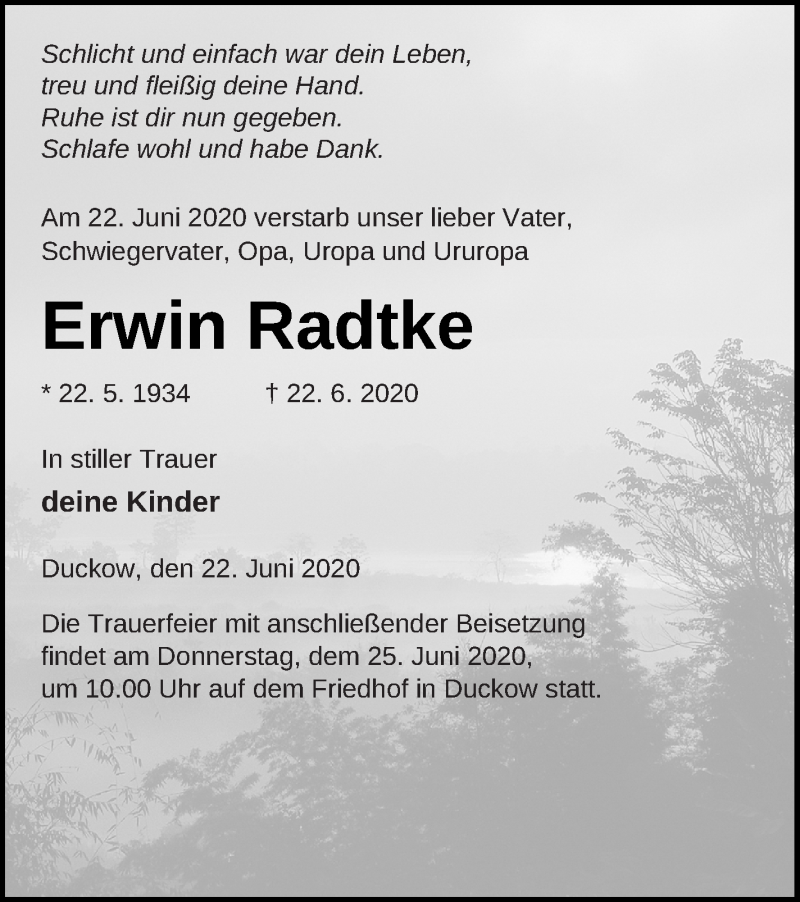  Traueranzeige für Erwin Radtke vom 24.06.2020 aus Mecklenburger Schweiz