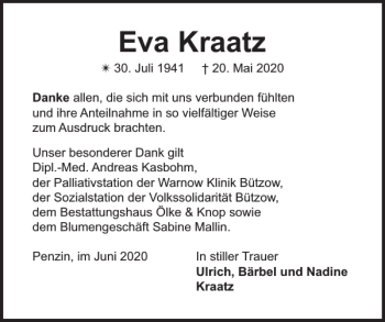 Traueranzeige von Eva Kraatz von Bützower Zeitung