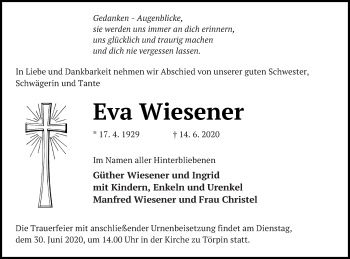 Traueranzeige von Eva Wiesener von Demminer Zeitung