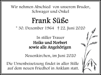 Traueranzeige von Frank Süße von Vorpommern Kurier