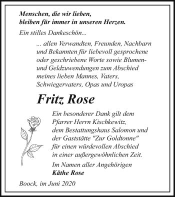 Traueranzeige von Fritz Rose von Pasewalker Zeitung