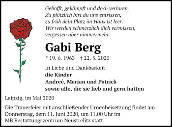 Traueranzeige von Gabi Berg von Prenzlauer Zeitung