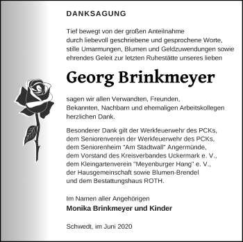 Traueranzeige von Georg Brinkmeyer von Prenzlauer Zeitung