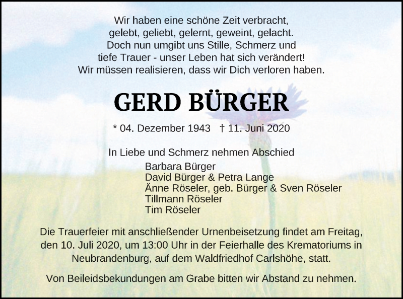  Traueranzeige für Gerd Bürger vom 19.06.2020 aus Neubrandenburger Zeitung