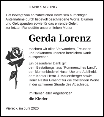 Traueranzeige von Gerda Lorenz von Pasewalker Zeitung