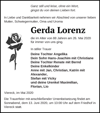 Traueranzeige von Gerda Lorenz von Pasewalker Zeitung