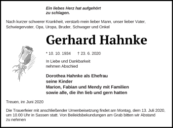 Traueranzeige von Gerhard Hahnke von Vorpommern Kurier