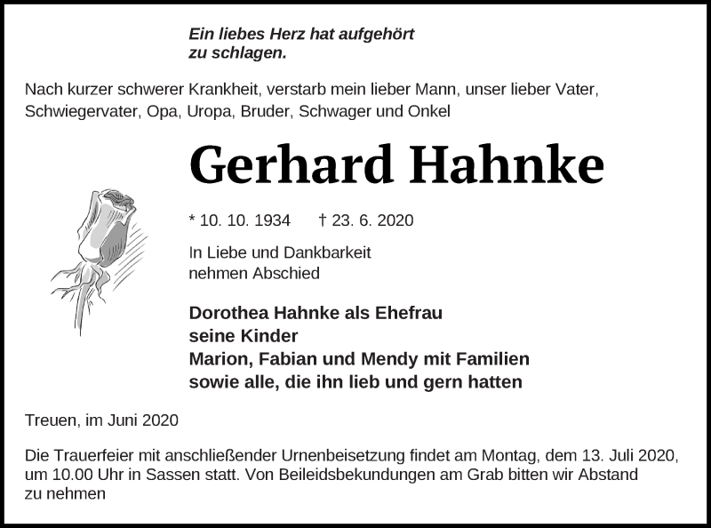  Traueranzeige für Gerhard Hahnke vom 26.06.2020 aus Vorpommern Kurier
