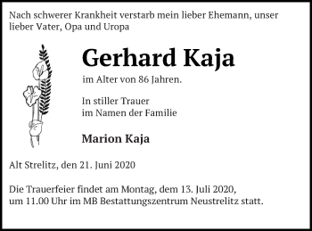 Traueranzeige von Gerhard Kaja von Strelitzer Zeitung