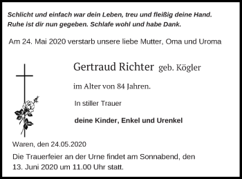 Traueranzeige von Gertraud Richter von Müritz-Zeitung