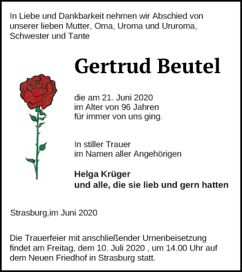 Traueranzeige von Gertrud Beutel von Pasewalker Zeitung