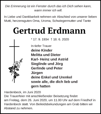 Traueranzeige von Gertrud Erdmann von Templiner Zeitung