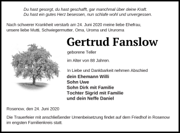 Traueranzeige von Gertrud Fanslow von Neubrandenburger Zeitung