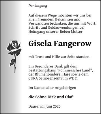 Traueranzeige von Gisela Fangerow von Pasewalker Zeitung