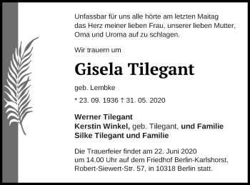 Traueranzeige von Gisela Tilegant von Müritz-Zeitung