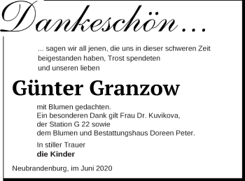 Traueranzeige von Günter Granzow von Neubrandenburger Zeitung