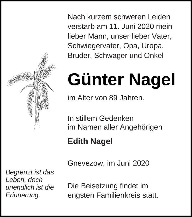  Traueranzeige für Günter Nagel vom 19.06.2020 aus Demminer Zeitung