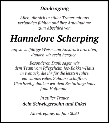 Traueranzeige von Hannelore Scherping von Neubrandenburger Zeitung