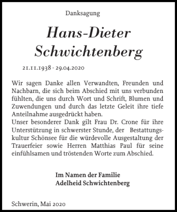 Traueranzeige von Hans-Dieter Schwichtenberg von Zeitung für die Landeshauptstadt