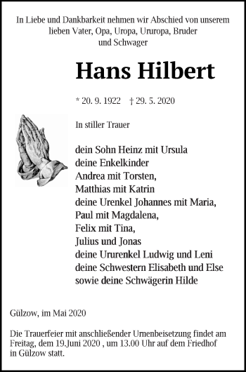 Traueranzeige von Hans Hilbert von Mecklenburger Schweiz