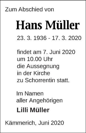 Traueranzeige von Hans Müller von Mecklenburger Schweiz