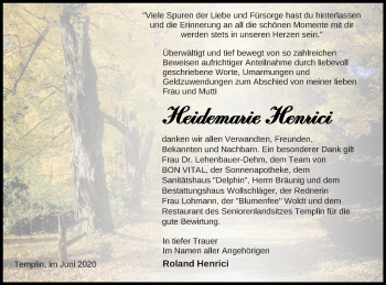 Traueranzeige von Heidemarie Henrici von Vorpommern Kurier