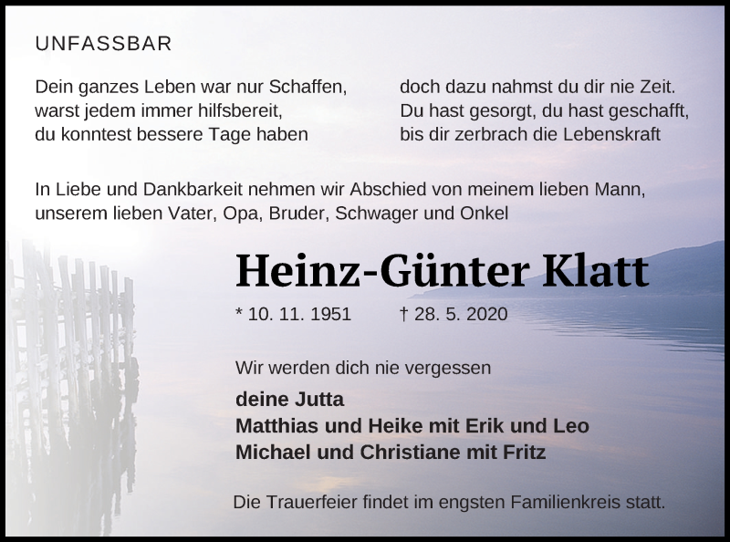  Traueranzeige für Heinz-Günter Klatt vom 03.06.2020 aus Müritz-Zeitung